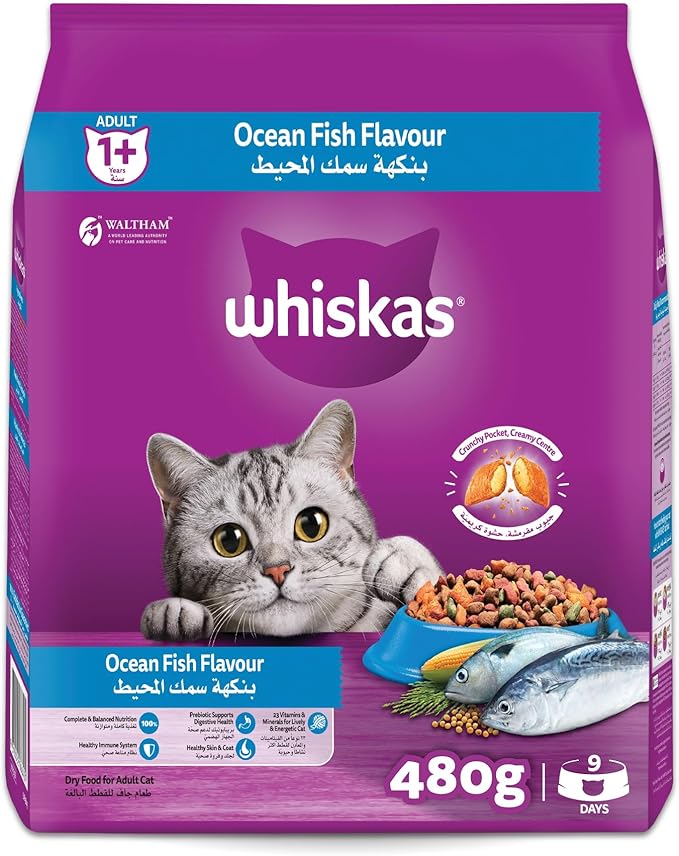 Whiskas Adult Ocean Fish Complete Nutrition Dry Cat Food – 480 g | Balanced Daily Diet for Adult Cats