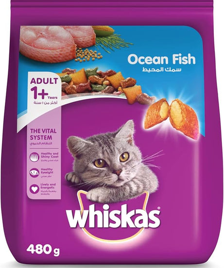 Whiskas Adult Ocean Fish Complete Nutrition Dry Cat Food – 480 g | Balanced Daily Diet for Adult Cats