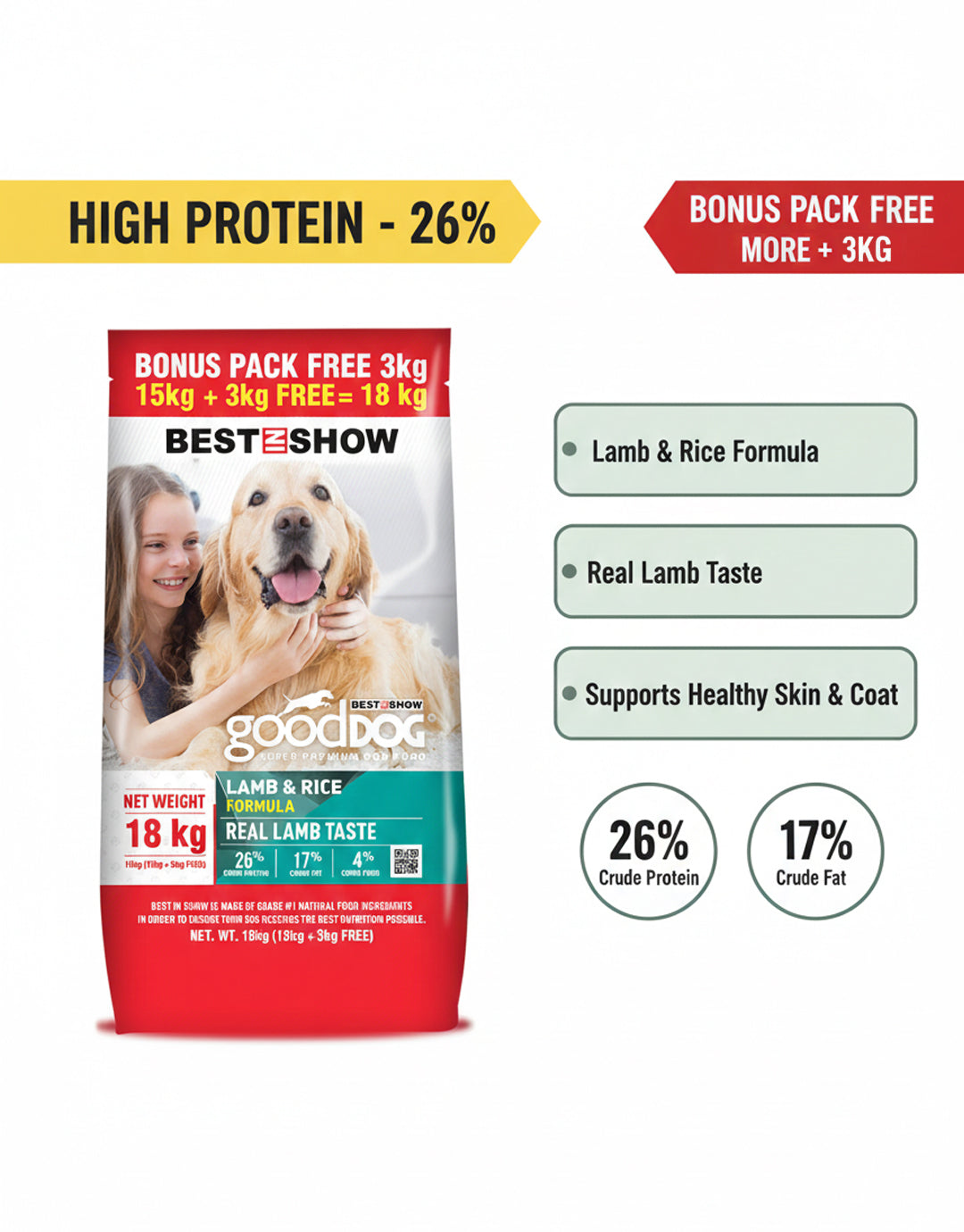 Good Dog Adult Lamb & Rice 18KG (15KG+3KG FREE) - AL BAYTARA