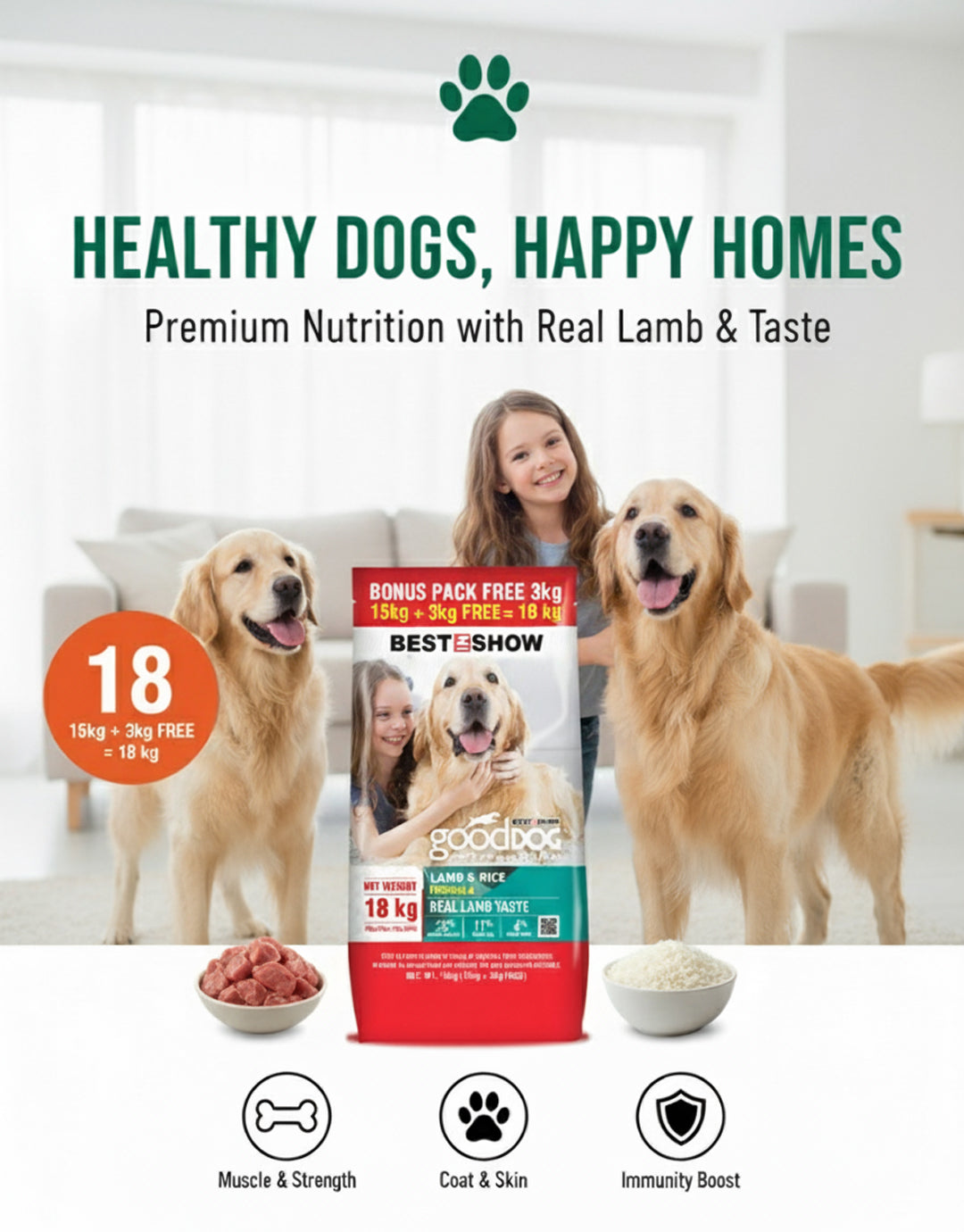 Good Dog Adult Lamb & Rice 18KG (15KG+3KG FREE) - AL BAYTARA