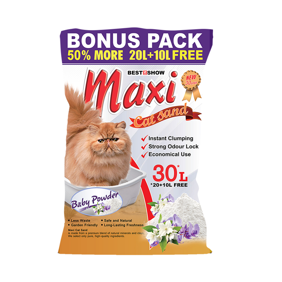 Best In Show Maxi Cat Sand — 30 L | Baby Powder Scented & Ultra Absorbent - AL BAYTARA