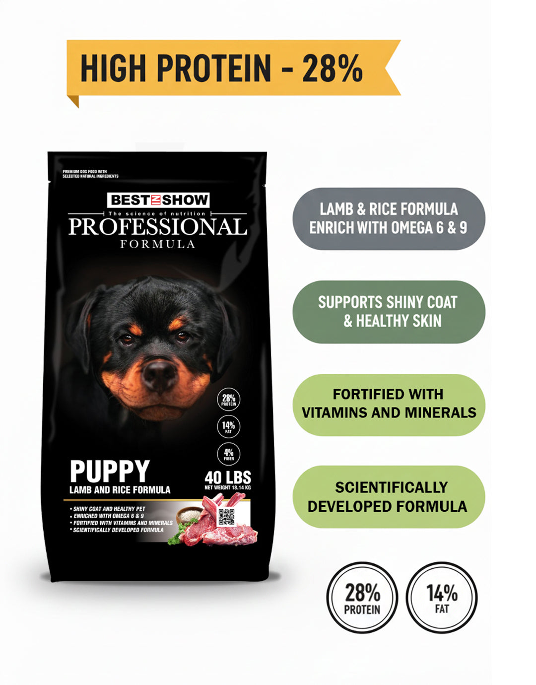 PROFESSIONAL FORMULA Puppy Lamb & Rice 40 LBS 18.14 KG - (High 28% Protein ) - AL BAYTARA