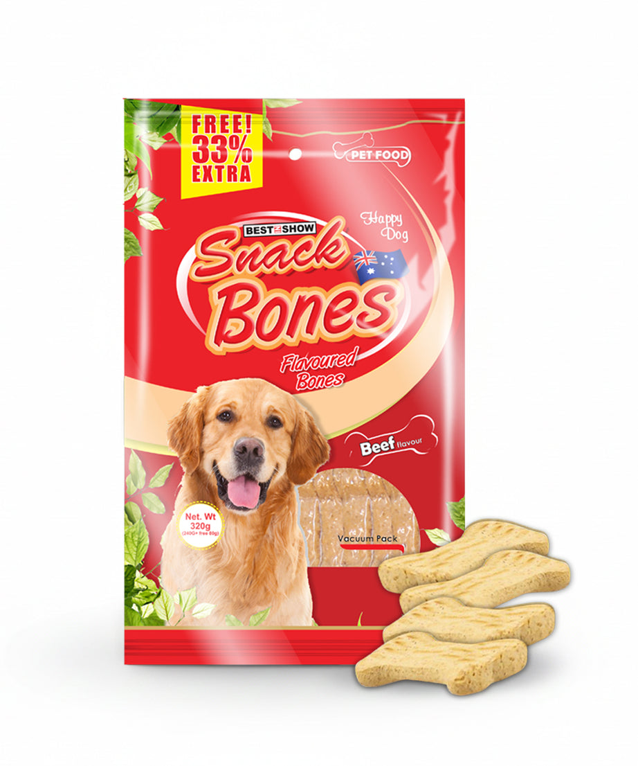 Snack Bones Dog Treats, Beef Flavoured Crunchy Bones for Dogs of All Breeds 320g
