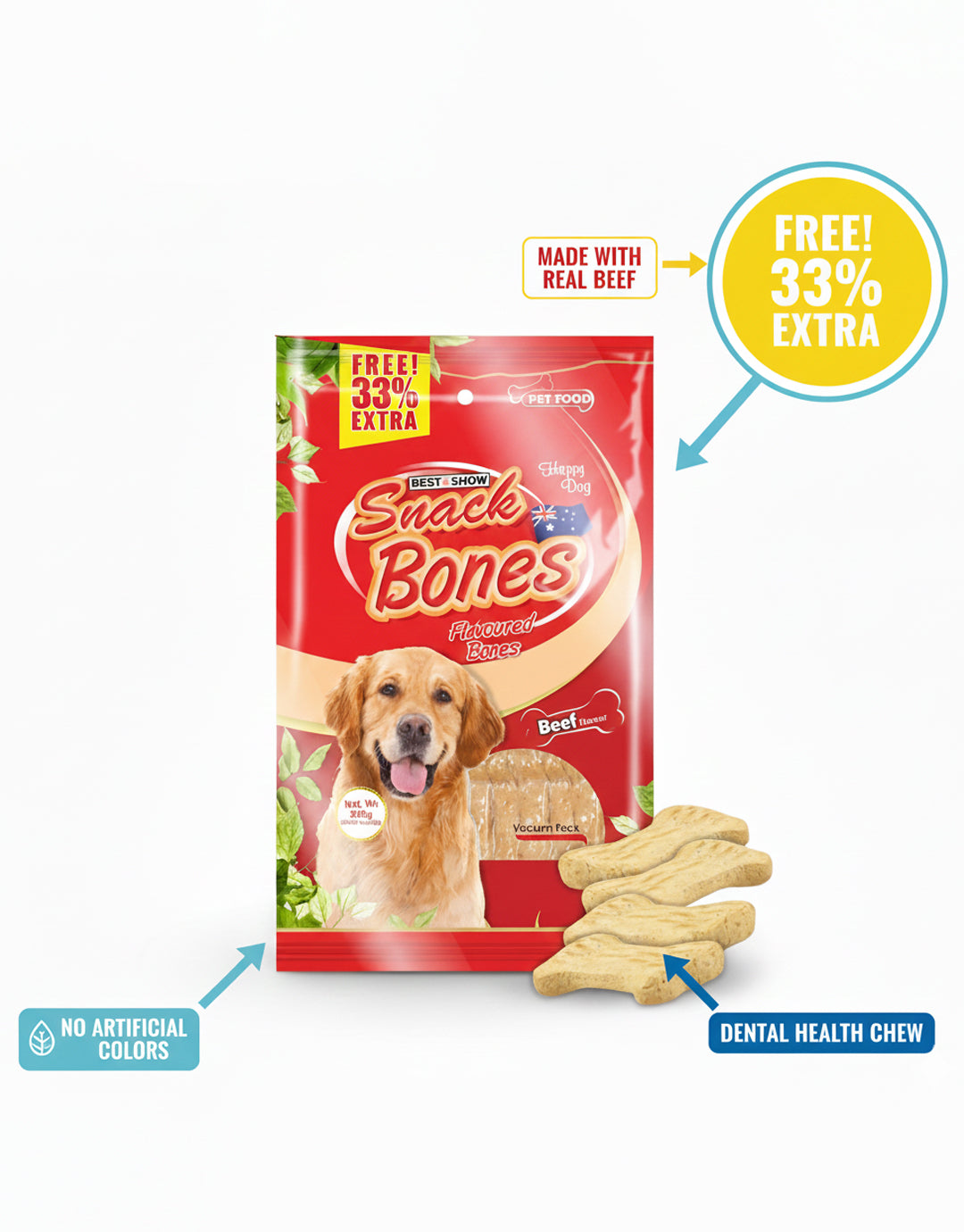 Snack Bones Dog Treats, Beef Flavoured Crunchy Bones for Dogs of All Breeds 320g