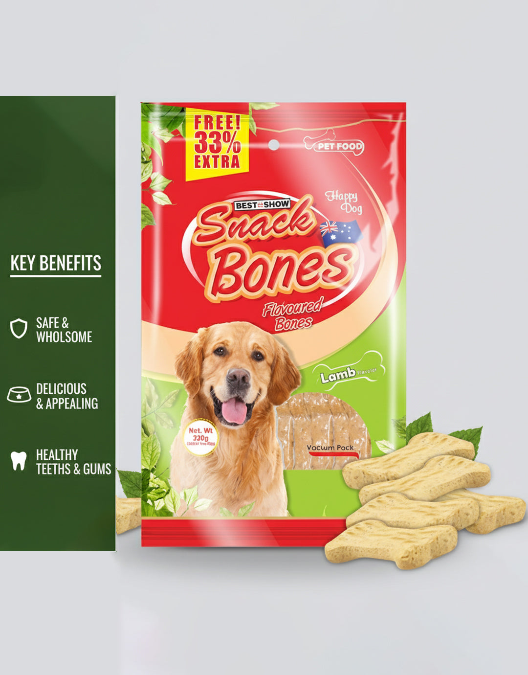 Snack Bones Dog Treats, Lamb Flavoured Crunchy Bones for Dogs of All Breeds 320g
