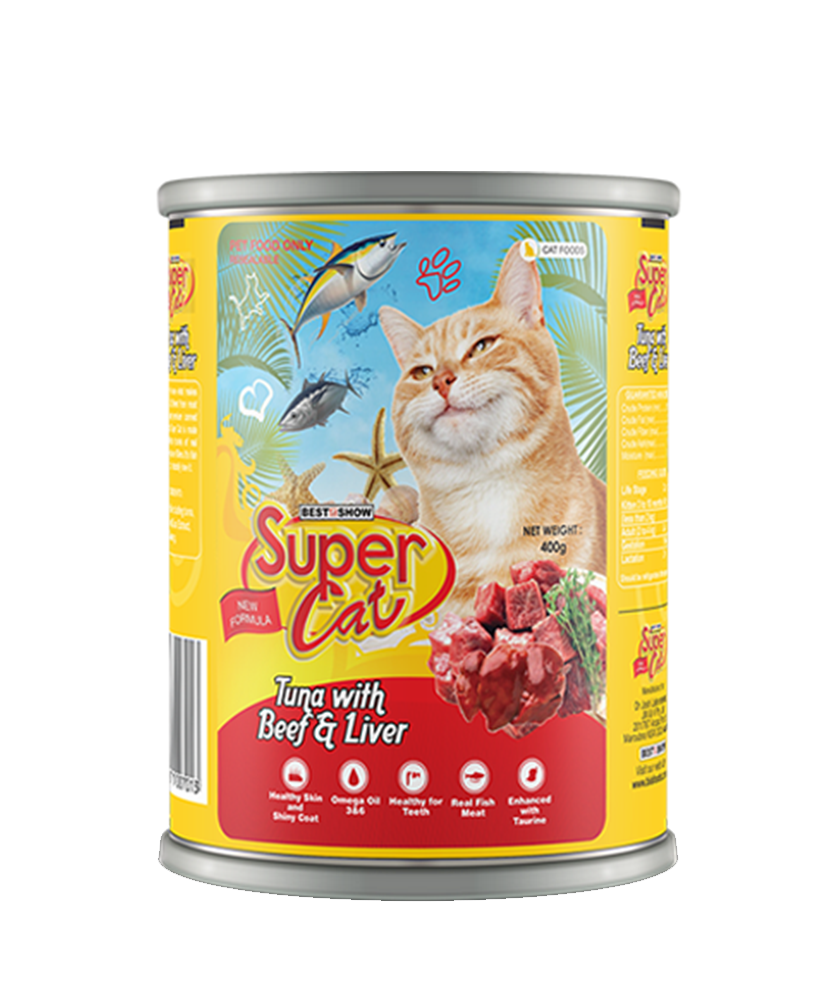 Super Cat Premium Wet Food for Adult Cats (Tuna & Beef Liver 400g Can) - AL BAYTARA