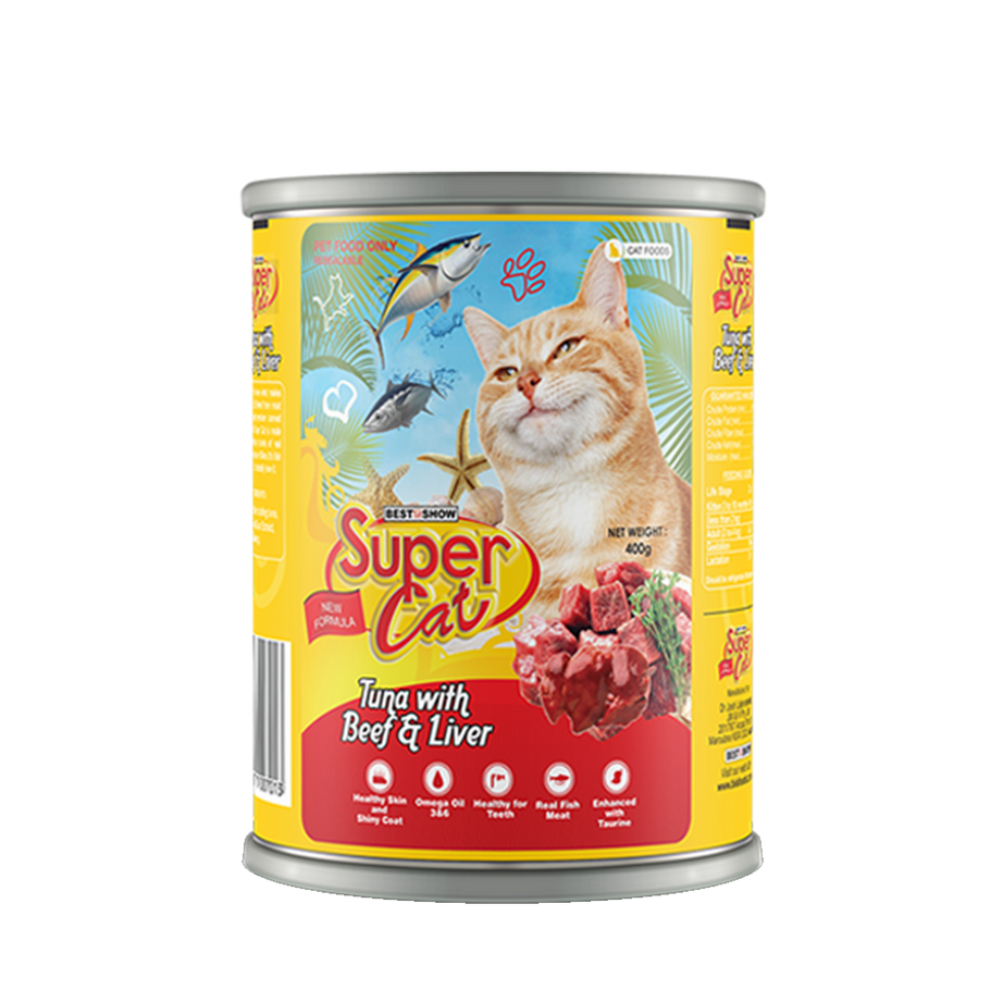 Super Cat Premium Wet Food for Adult Cats (Tuna & Beef Liver 400g Can) - AL BAYTARA