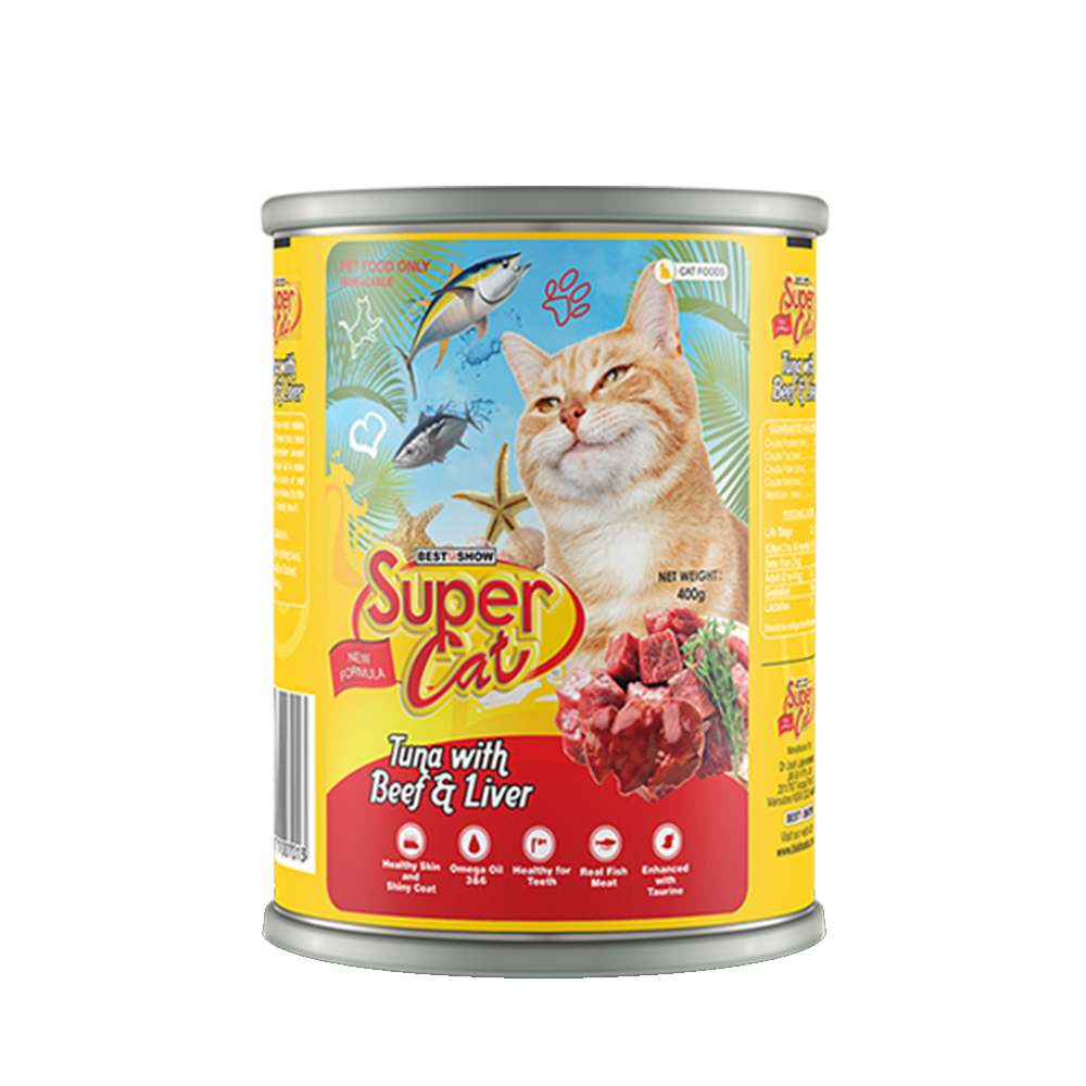 Super Cat Premium Wet Food for Adult Cats (Tuna & Beef Liver 400g Can) - AL BAYTARA