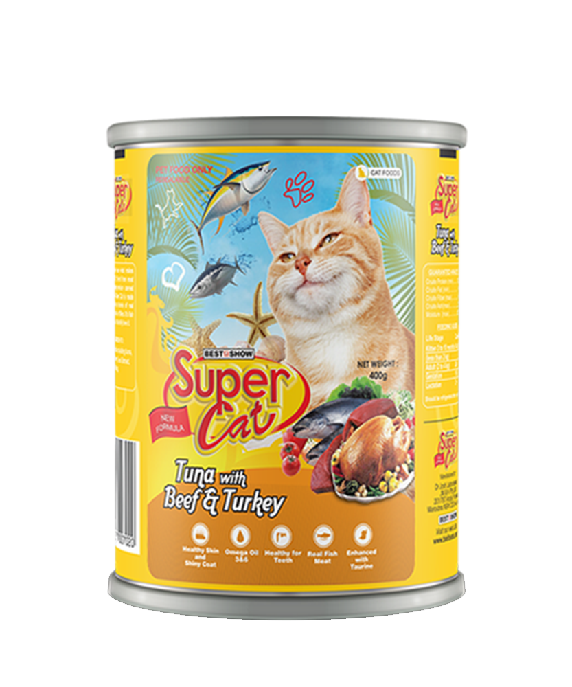 Super Cat Premium Wet Food for Adult Cats (Tuna with Beef & Turkey 400g Can) - AL BAYTARA