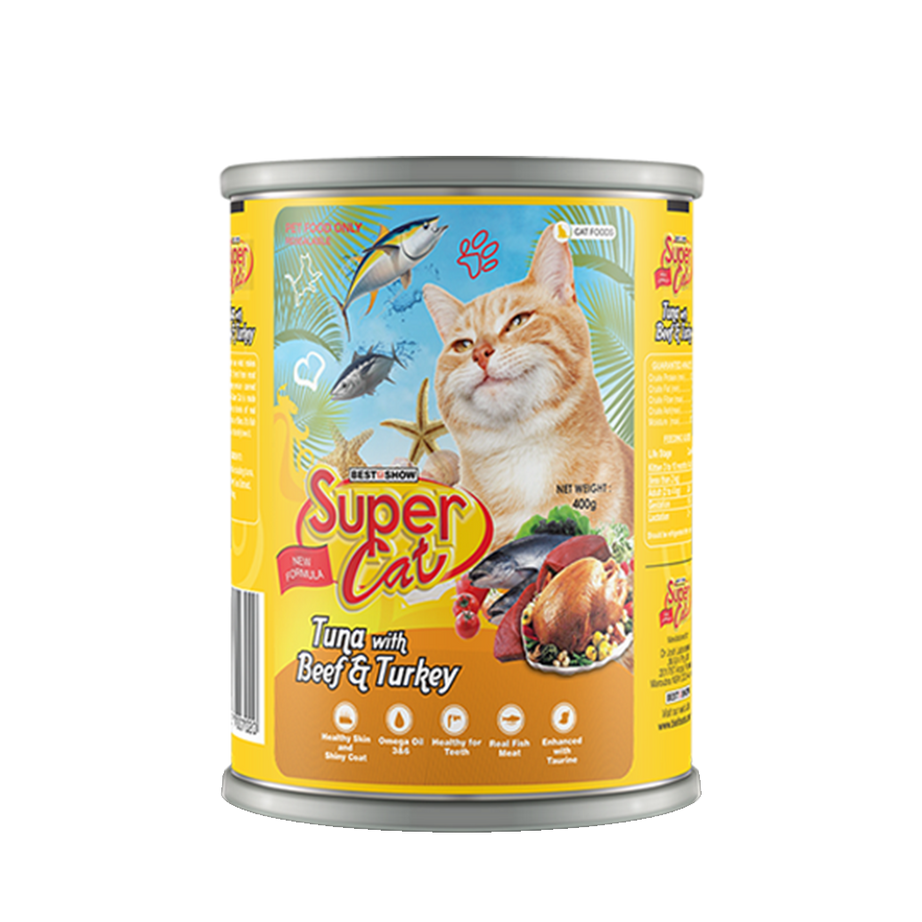 Super Cat Premium Wet Food for Adult Cats (Tuna with Beef & Turkey 400g Can) - AL BAYTARA