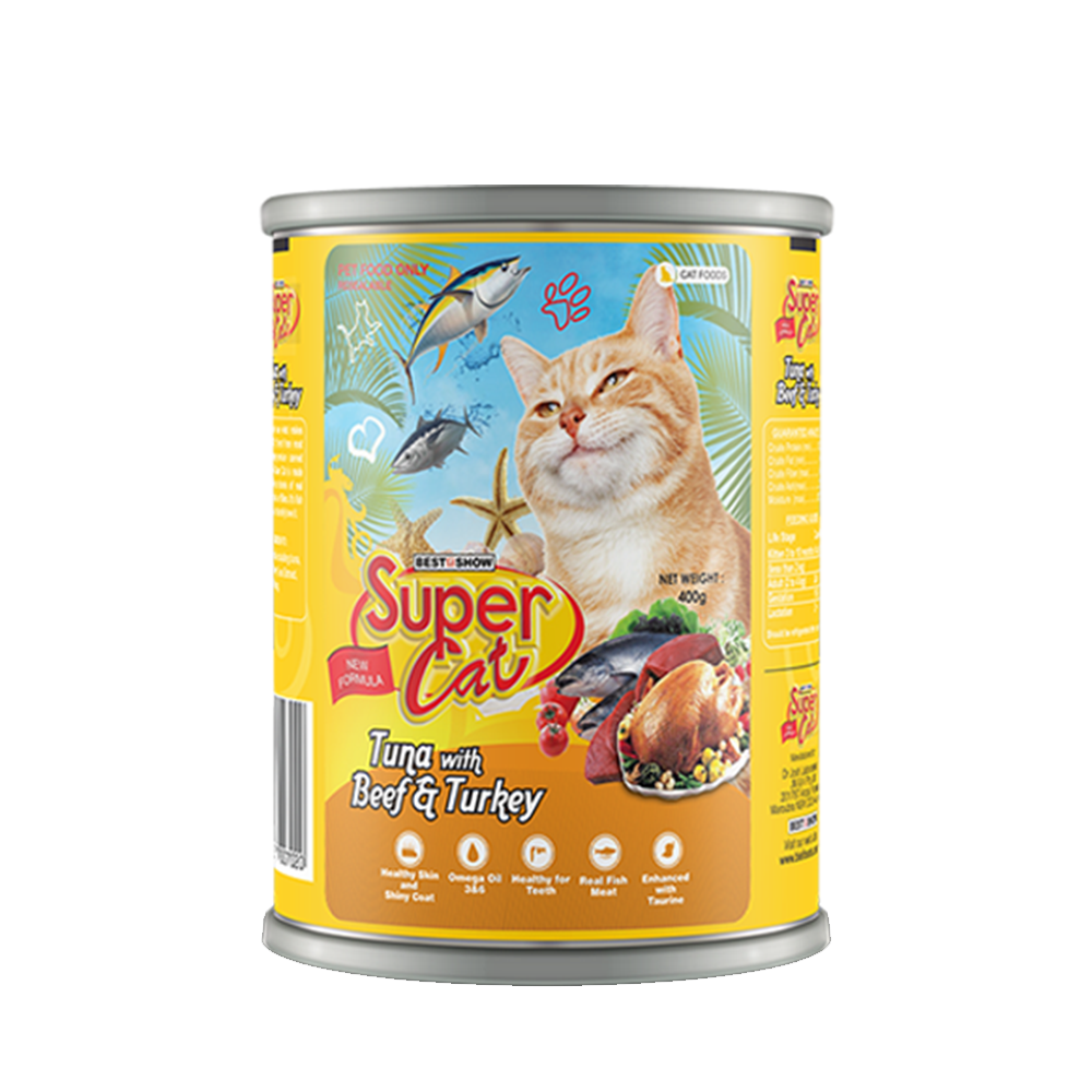 Super Cat Premium Wet Food for Adult Cats (Tuna with Beef & Turkey 400g Can)
