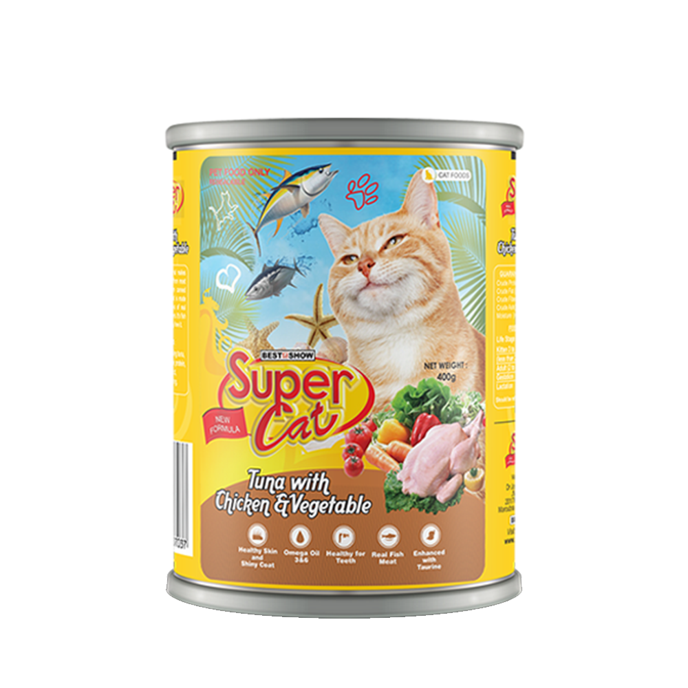 Super Cat Premium Wet Food for Adult Cats (Tuna with Chicken & Vegetable 400g Can) - AL BAYTARA
