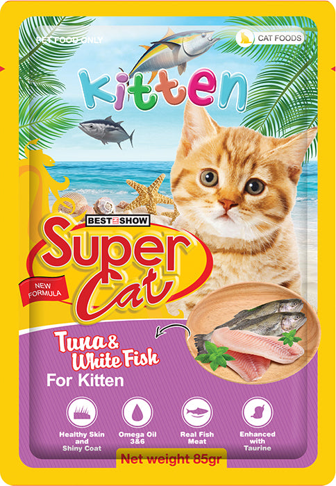 Super Cat Premium Wet Food for Kittens (Tuna & White Fish 85g Pouch)